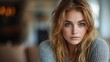 © robfolio - Young Woman With Wavy Hair Looking Intently At Camera In Soft Indoor Light