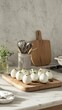 © AliaWindi - An empty scene featuring blank mockup template (a gourmet kitchen filled with culinary tools, focusing on the preparation of exotic deviled egg variations),