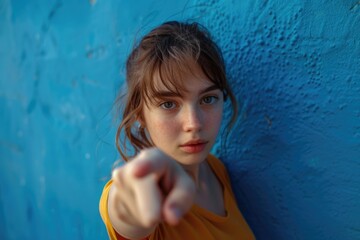 A woman points her finger at the camera against a blue background