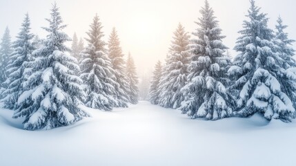 Poster - Snowy Coniferous Forest Path Under a Misty Sky