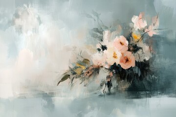 Wall Mural - Abstract floral arrangement in soft, muted colors with dynamic brushstrokes