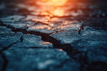 Poster - A crack in the ground with the sun shining through, suitable for use as a metaphorical representation of change or transformation