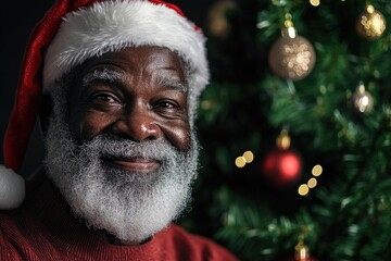 Poster - A person wearing Santa's hat stands next to a decorated Christmas tree