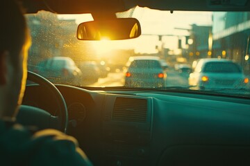 Canvas Print - A person behind the wheel of a vehicle on an urban road, suitable for use in scenes about daily life or transportation