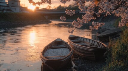 Poster - Boats sit idle on the riverbank