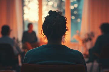 Poster - A woman sits in a chair speaking to a group of people, perfect for use as a background image or illustration
