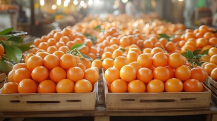 A vibrant pile of fresh oranges stacked on wooden crates at a bustling outdoor market. The oranges are illuminated by soft, warm lighting, creating a lively and inviting atmosphere.