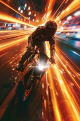 Aufkleber - A motorcyclist rides down a busy city street, with buildings and cars in the background