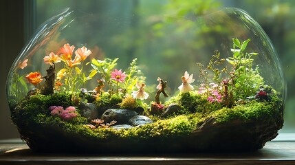 Poster - A whimsical terrarium with a tiny fairy garden, complete with figurines of fairies, moss-covered stones, and delicate flowers, warm sunlight filtering through the glass,