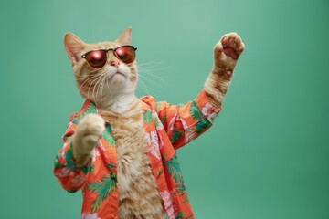 Cat wearing colorful clothes and sunglasses dancing on the green background