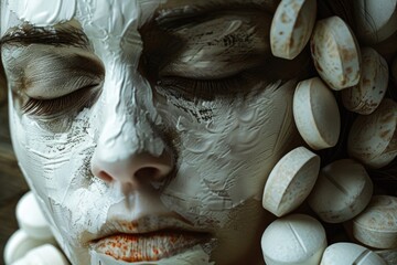 Aufkleber - A close-up shot of a person's face with white makeup or face paint, suitable for Halloween or creative projects