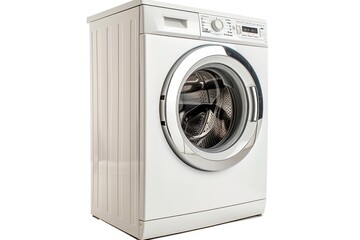 Poster - A white washing machine sitting on a white floor, ready for use