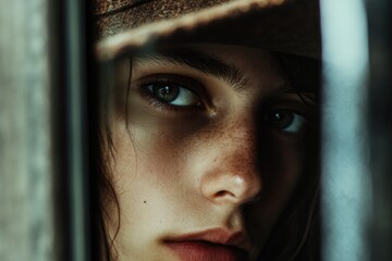 Poster - Close-up shot of a person with a hat on their head, suitable for use in portrait photography or fashion ads