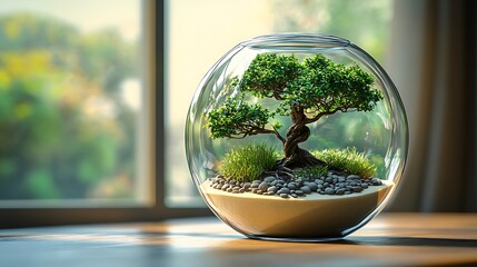 Poster - A zen-inspired terrarium with bonsai trees, perfectly raked sand, and smooth pebbles, the soft sunlight gently illuminating the peaceful scene, all enclosed in a sleek, clear glass vessel,