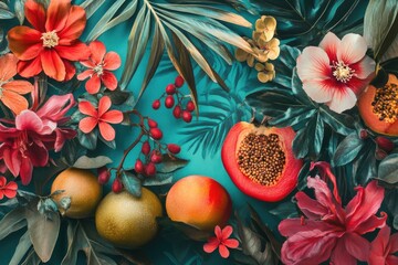 Poster - A colorful arrangement of various fruits and flowers on a bright blue surface