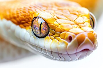 Poster - A close-up view of a snake's eye on a white background, ideal for use in scientific or educational contexts