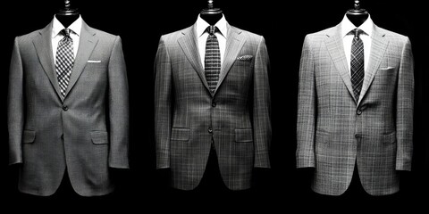 Wall Mural - Three men's suits displayed on mannequins in a black and white color scheme, ideal for fashion or business use