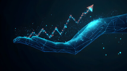 Abstract graph chart in a hand palm, growth chart with with arrow, concept for success at the stock market or in finance, blue low poly illustration