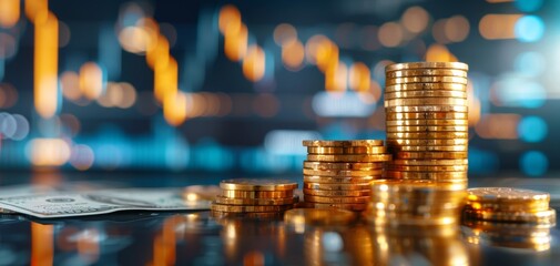 Fototapete - Stack of golden coins and dollars on a reflective surface with blurred financial graphs in the background.
