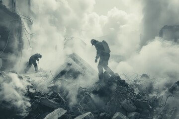 Canvas Print - Two men standing on top of debris, possibly after an explosion or natural disaster