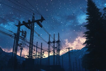 Aufkleber - A dark night sky with numerous power lines visible