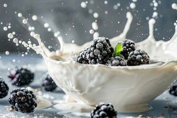 Wall Mural - A bowl filled with blackberries and milk, perfect for breakfast or snack