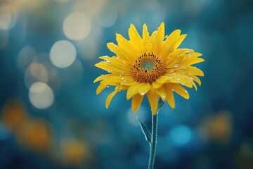 Poster - A close-up shot of a yellow flower with water droplets glistening on its petals, perfect for use in nature-themed designs or as a decorative element