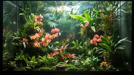 Wall Mural - An eco-friendly terrarium made from upcycled glass, featuring tropical plants and orchids, the soft natural lighting creating a glowing effect on the lush green foliage and delicate flowers,