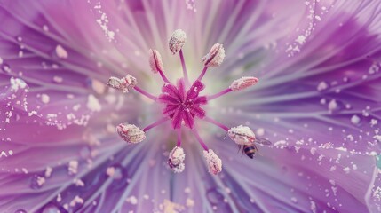 Canvas Print - close up view of vibrant flower showcasing intricate details and soft purple hues, with bee gently resting on petals, creating serene and enchanting atmosphere