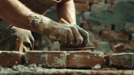 Poster - A person constructing a brick wall, possibly as part of a building or renovation project