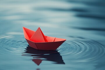 Poster - A small red paper boat floats peacefully on the surface of the water