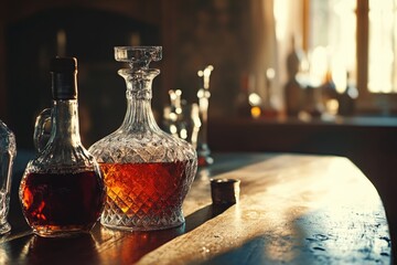 Aufkleber - A bottle of liquor and two glasses on a table, perfect for a party or social gathering