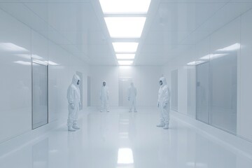Poster - A group of people standing in a modern white room, ideal for use as a background or concept image