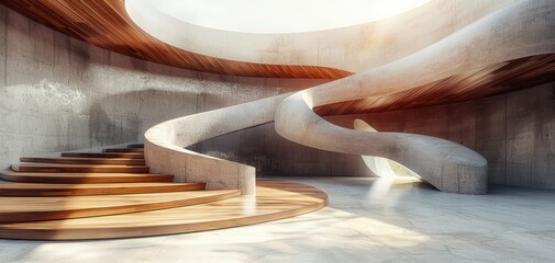 Aufkleber - Modern interior featuring a spiral staircase and curved design elements with natural light illuminating the space.