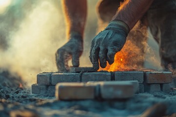 Poster - Close-up shot of someone constructing with bricks