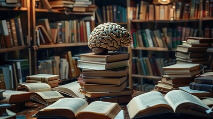 Poster - brain model sits atop stack of books in cozy library filled with shelves of literature, symbolizing knowledge and learning. warm atmosphere invites exploration and curiosity