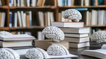 Poster - image features creative arrangement of brain sculptures placed on stacks of books, symbolizing knowledge and learning. This artistic representation evokes curiosity and intellectual exploration