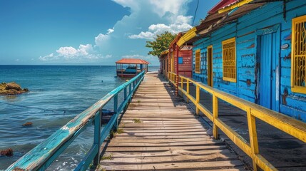 Poster - A pier with a bright blue and yellow building near the ocean, perfect for seaside scenes or architectural photos
