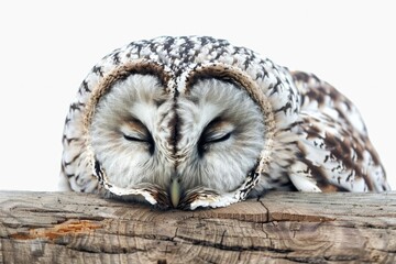 Poster - A close-up image of an owl sitting on a log, with details on its feathers and face