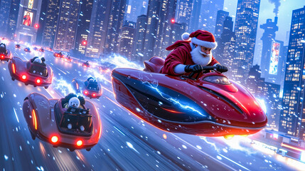 A santa claus riding a red car in the middle of a city at night