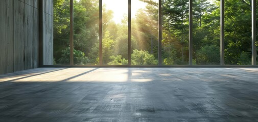 Aufkleber - A spacious interior with large windows showcasing greenery and natural light, ideal for design and architectural projects.