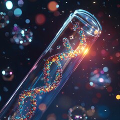 Fototapete - DNA molecule, its structure. Concept human genome. DNA molecule with modified genes. Conceptual illustration of a dna molecule inside a glass test tube with liquid. Medical equipment, 3D illustration