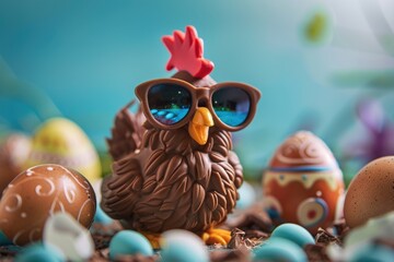 Cute chocolate easter chicken in sunglasses and easter eggs, Generative AI funny easter background