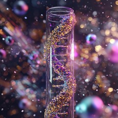 Fototapete - DNA molecule, its structure. Concept human genome. DNA molecule with modified genes. Conceptual illustration of a dna molecule inside a glass test tube with liquid. Medical equipment, 3D illustration