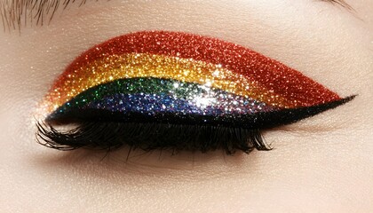 Bold rainbow eyeshadow with glitter details on a closeup eye, representing vibrant and glamorous makeup, perfect for highfashion beauty concepts