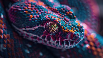 Poster - Close-up of a colorful snake's head with vibrant scales and sharp fangs