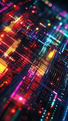 Poster - Vibrant digital circuitry pattern with glowing lights, showcasing the beauty of technology and abstract art in a futuristic style.