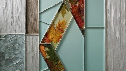 Canvas Print - Autumn leaves pressed between glass panels in a geometric design.