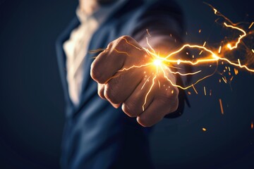 Poster - A man holding a spark in his hand, suitable for illustrations and designs related to innovation and creativity