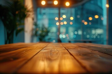 Poster - A simple wooden table placed in front of a large window, suitable for a home office or study